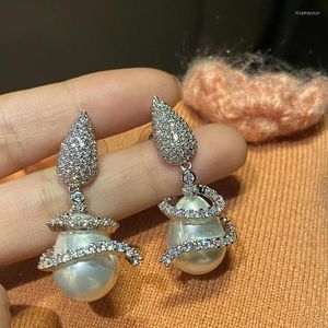 Pendientes colgantes de lujo de alta calidad, pendientes de perlas de imitación de circón para mujer, precioso vestido de fiesta de compromiso, joyería Boucle Oreille Femme