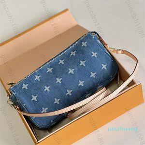 Designer kleine blaue Denim-Taschen, 21 cm, Damen-Pochette-Handtasche, luxuriöse Rindslederbesätze, Reißverschluss-Geldbörse, Umhängetasche mit Schultergurt