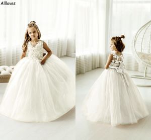 Ivory Tulle Flower Girl Dresses For Wedding Lace Appliqued O Neck Kids Little Girl's First Communion Pageant Gowns Toddlder Puffy Princess Formal Party Wear CL2265