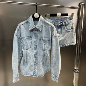 Suits PREPOMP 2022 Autumn Turn Down Collar Blue Slim Denim Jacket Short Mini Skirt Two Piece Set Women Outfits GG200