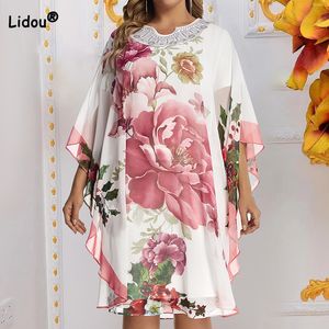 Plus storlek klänningar vår sommaren plus storlek kläder kvinnor runda hals diamanter skarv blommig tryck batwing hylsa lös chiffong elegant midi klänning 230519