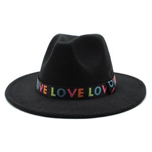 Stingy Brim Hats Autumn And Winter Wide Women's Felt Hat Fedoras Woolen Color Letter Strap Fashion Party High Quality Art LM0069