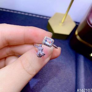 Klusterringar 925 Pure Silver Chinese Style Natural Aquamarine Women's Fashion Fresh Bowknot Open Gem Ring Fine Smycken Support Detect