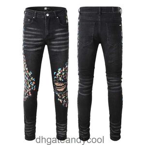 Brand Denim Amirres Fashion Jeans Designer Pants Street Man FOG High Wash Water Black Distressed Hole Paint Contrast Color Slim Fit Skinny Jeans Male 4EZH