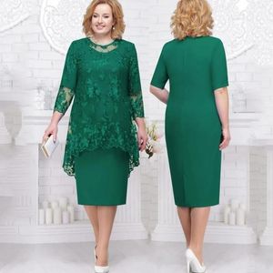 Plus Size Mother Of The Bride Dresses Two Pieces Applique Lace chiffon tea-length green mother occasion prom dress wear