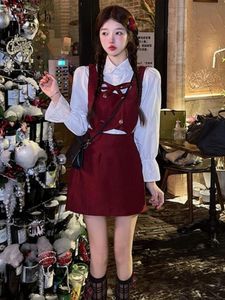 Abiti Xgoth Girly Sweet Hot Suit Donna Primavera Vintage Vino Rosso Gilet + Gonna a pieghe + Puff Camicia a maniche lunghe Tre pezzi Set Kawaii