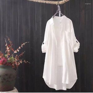 Kvinnor BLOUSES 2023 Spring Women's Korean Clothing Summer Vintage Linen Cotton Mid-Längd White Shirt Dress for Women Chic Tops A635