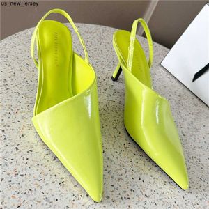 Slippare 2023 Summer Women Slides 8cm High Heels Lady Leather Slingback Design Neon Yellow Slippers Wedding Pointed Toe Party Shoes J230519