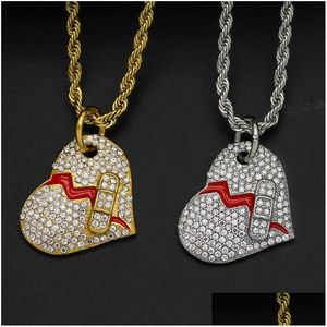 Pendant Necklaces Hip Hop Rhinestones Paved Bling Iced Out Stainless Steel Broken Hearts Pendants Neckalce For Men Women Lover Rappe Dh9Hj