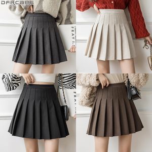 Skirts Winter Woolen Skirt Women Solid High Waist Pleated Mini Skirts Vintage School A Line Falda Plisada Beige Grey Black Brown 230519