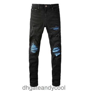 Broken Dżins Fashion Amirres Blue Dżinsy Designer Poletki Pole Man Cloth Patch Elastic Slimming Black Show Cienkie wszechstronne spodnie dżinsowe Mężczyźni 68ks