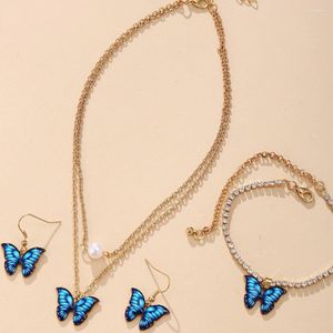 Kedjor Creative Fashion Elegant -Saling Cute Blue Farterfly Charms Pendant Ear Stud Nalband Armband Combination Set