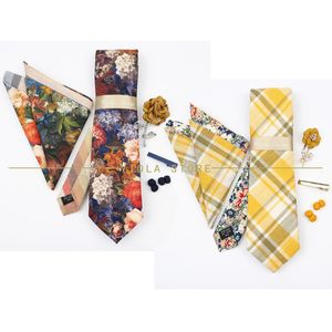 Neck Ties 5 PCS Luxury Cotton Patchwork 7cm Tie Set Brooch Pin Clip Hankie Cufflink Men Party Daily Striped Floral Cravat Gift Accessory 230519