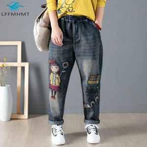Calças de brim 9235 mulheres primavera outono moda cintura elástica menina engraçado bordado xadrez retalhos harem calças jeans vintage solto casual jeans