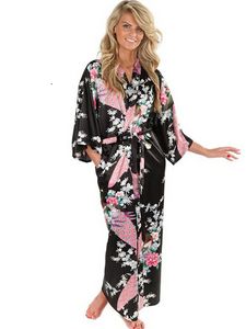 Women's Robe Brand Black Women Silk Kimono Robes Long Sexy Nightgown Vintage Printed Night Gown Flower Plus Size S M L XL XXL XXXL A-045 230518