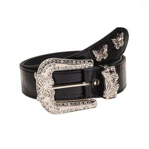 Gürtel Frauen Ledergürtel Mode Metall Zinkenschnalle 3,8 cm Breite Punk Taille Strass Schmetterling Dekoration Einstellbar Jean