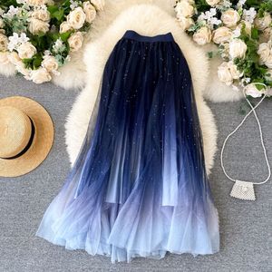 Skirts 80cm Midi Beautiful Gradient Color Long Tulle Skirts Women Korean A-line High Waist Pleated Maxi Female School Skirt Girls 230519