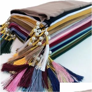 Scarves Plain Muslim Women Bubble Chiffon Hijabs Fashion Malaysia Head Wrap Turban Scarf With Beaded Tasseled Islam Femme Shawls Dro Dh3Aa