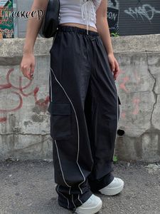 Damen Zweiteilige Hose Weekeep Übergroße schwarze Jogginghose Low Rise Seitenstreifen Basic Cargo Lady y2k Streetwear Baggy Jogger Casual Korean Fashion 230519