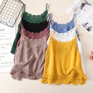 女性の戦車Camis Tingyili Crochet Lace Trim Cotton Linen Camisole Top Women Summer Holiday Beach Casual Tank Top Seveless Black White Blue Cami 230518