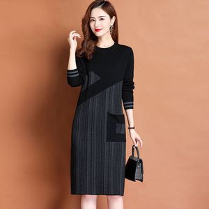 Basic Casual Dresses Autumn Dress Women Knitting Sweater O-Neck Long Sleeve Knee-Length Patchwork Pocket Decoration Slim Female Clothes 230519