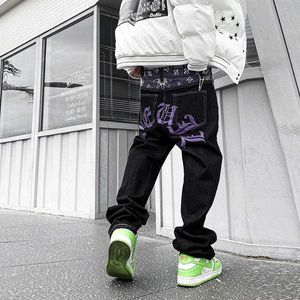 Mens Jeans Y2k Gothic Fashion Pattern Embroidery Black Harajuku Retro Street High Waisted Men Clothing Baggy Wide Leg Pants 230519