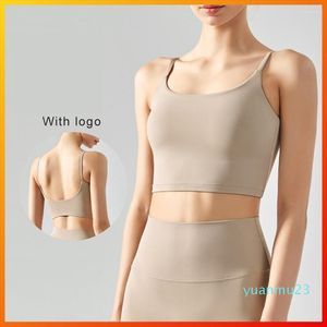 Completo da yoga con canotta con logo Canotta da donna Sensazione di nudo Nylon a doppia faccia Cinturino posteriore sexy Fitness Corsa Reggiseno sportivo Pettorali Palestra