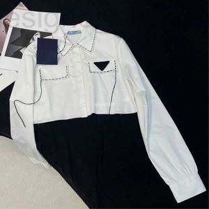Women's Blouses & Shirts Designer 23SS 100% Cotton Women Tops Crop Top With Letter Triangular Sign Runway High End Luxury Brand Lapel Collar Shirt Blouse GK18