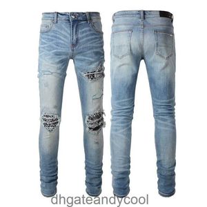 Pants Fashion Designer Denim Man 6665 Amirres High Street Jeans Fashion Brand Blue Men's Pleated Wrinkle Pattern Broken Patch Slim Fit Skinny Jeans NTNN