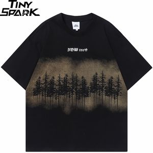 Erkek tişörtler erkek sokak kıyafeti tişört orman ağacı grafik tişört harajuku hip hop gevşek tshirt kısa kollu pamuk üstleri tees siyah bej 230518