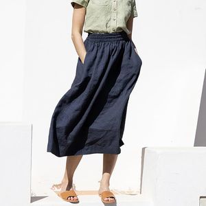 Skirts Fashion Cotton Linen Women Casual Elastic High Waist A-Line Long Skirt Faldas Largas Mujer MZY20BXB1379Y