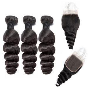 Fasci di capelli sciolti brasiliani all'ingrosso a buon mercato 9A onda sciolta di estensione dei capelli umani malesi indiani peruviani con chiusura in pizzo 4x4