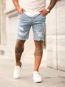 Erkek kot pantolon yırtık şort erkekler hiphop denim pantolon streç açık mavi moda tasarım ince düz erkek kısa hombre 230519