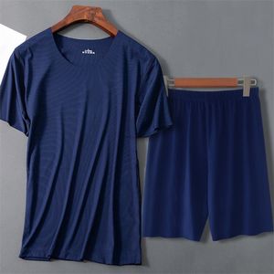 メンズスリープウェアプラスサイズ5xl半袖Tシャツショートパンツメン用ホーム服グレーブラックブルーアイスシルクパジャマアウトドアカジュアルホームウェアセット230519