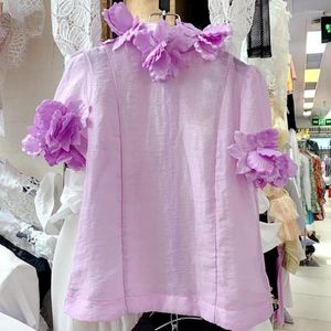 Kvinnor Bluses 3D Flower Decoration Stand Coller Pullover Tops för kvinnor Kort ärm Organza Shirt 2023 Summer Blue Camisas Mujer Y3970