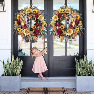 Dekorativa blommor 2023 Sunflower Wreath Country French Flower Welcome Sign Garland hängande ytterdörrdekor för hemfest 40 cm Hogard