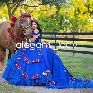 Royal Blue Charro Quinceanera klänningar bollklänning från axel Organza Applicques Beading Mexican Sweet 16 Dresses 15 Anos