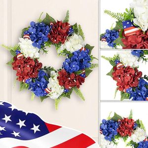 Dekorativa blommor Border Independence Day Wreath Red and Blue Hydrangea Decoration Pendant Festival Window Props Home Sweet