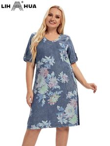 T-shirt lih hua kvinnors plus size denim klänning hösten chic eleganta klänningar för knubbiga kvinnor vävd bomullsklänning