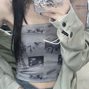 Kadın Tankları Camis Punk Yaz Baskı Yelek Üstleri Gotik Siber Y2K Grunge Bodycon Kadınlar Straplez Sırtsız Yaz Seksi Mahsul Tüp Üst E-Girl Emo P230519