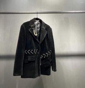 Erkekler Siyah kadife ağır endüstri gevşek yabancı hava örtme takım elbise ceket 2023 Sonbahar ve Kış yaka üst gelgit