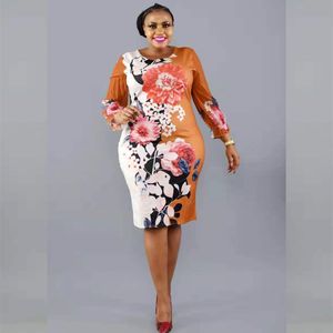 Plus storlek klänningar vår afrikansk stil storlek chiffong rund hals 34 ärm blommig tryck klänning för kvinnor 230519