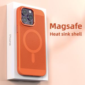 iPhone 11 12 13 14 Pro Max Cooling Heat散逸メッシュ磁気ケースメタルレンズ保護通気性Magsafeワイヤレス充電ハード電話カバー