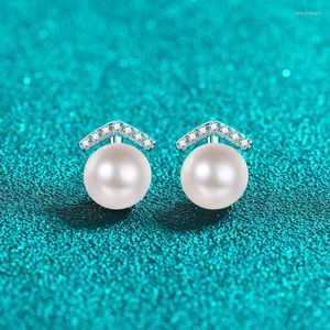 Hoop Earrings Real Moissanite 8-9mm Freshwater Pearls Stud Women 925 Sterling Silver Diamond Ear Studs Platinum Plated