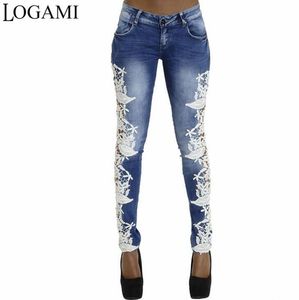 Jeansy logami koronkowe patchwork chude dżinsy kobiety seksowne letnie jesień damskie dżinsy spodnie kobiety