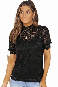 Black High Neck Lace Manga curta Top 2023 HOT NOVO O7EQ#