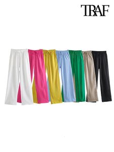 Calça Feminina de Duas Peças TRAF Feminina Chic Moda Bolsos Laterais Perna Larga Solta Cintura Alta Elástica com Cordão Calças Femininas Mujer 230519