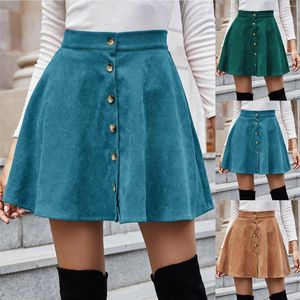 Röcke Cord Knopf vorne Flare Rock Vintage hohe Taille Frauen Winter lässig ausgestellte elegante Damen Street Wear