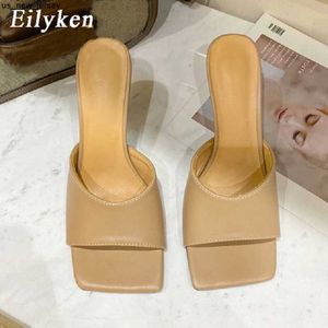 Terlik Eilyken 2023 Moda Yumuşak Pu Deri Peep Toe Topuklu Kadın Terlik Açık Tasarımcı Sandalet Mule Femme Slaytlar Ayakkabı J230519