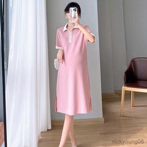 Gonna premaman Summer Style Contrast Colour Polo Collar Casual T-Shirt Dress Gravidanza Loose Plus Size Dress Summer New R230519